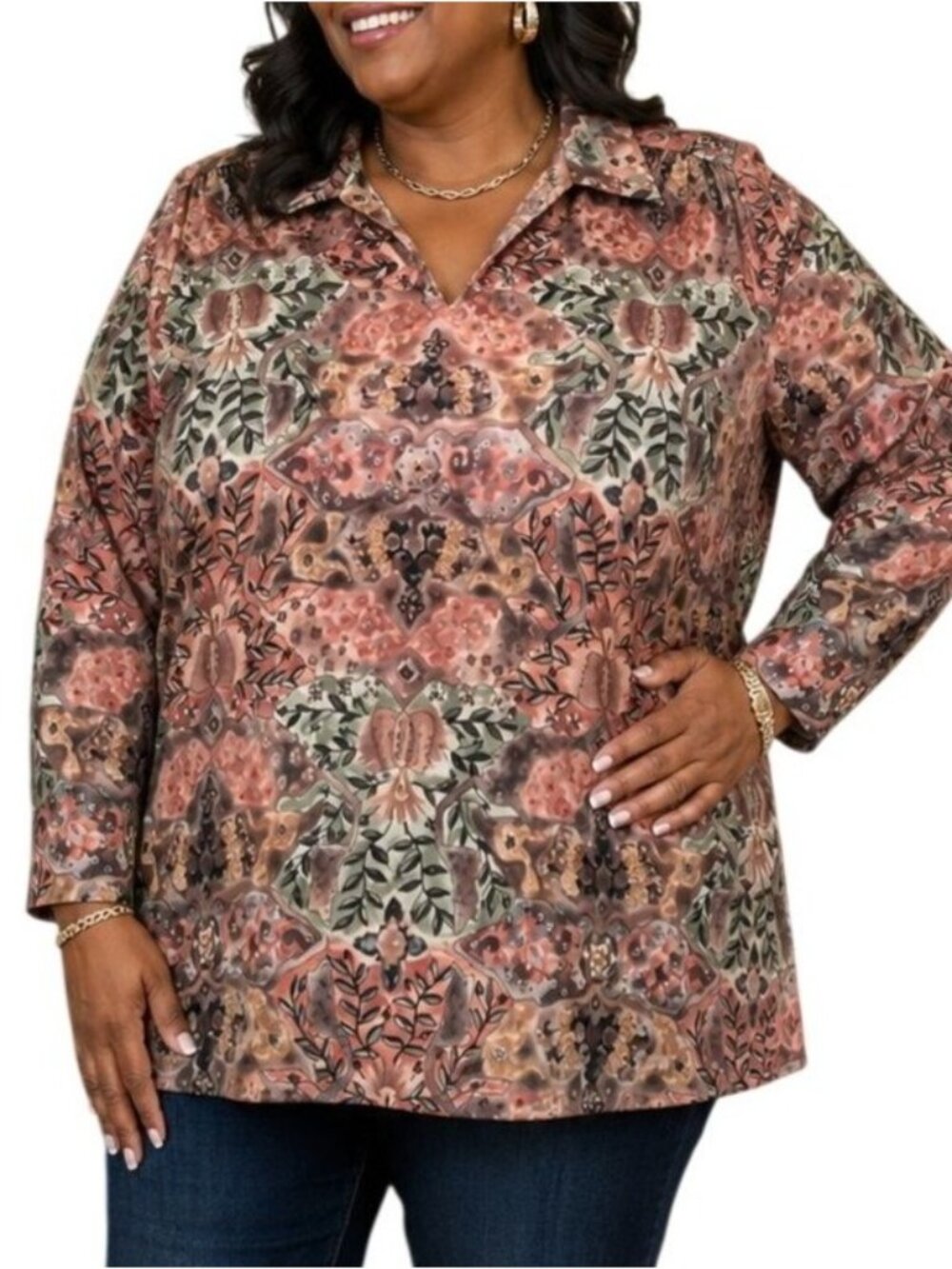 Amy Lynn Of Plus Size 1X Top Floral Print Long Sleeve Collared Blouse